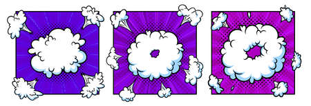 Surprising boom cloud in halftone background for sales and promotions. Purple banner template for surprises and bursting events. Vector illustration in pop art styleのイラスト素材