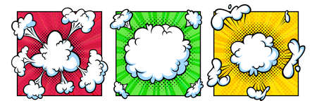 Surprising boom cloud in halftone background for sales and promotions. Blue banner template for surprises and bursting events. Vector illustration in pop art styleのイラスト素材