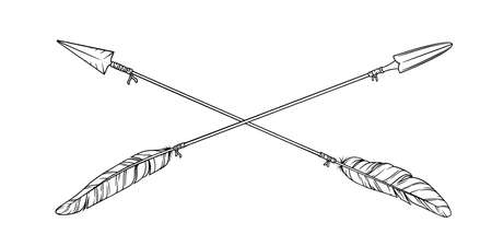 Arrow with tribal feathers. Decorative boho indian arrowheads and feathers. Native aztec or hipster tattoo sketch isolated in white backgroundのイラスト素材