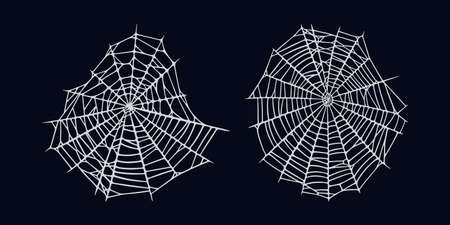 Spider web set isolated on black background. Spooky Halloween cobwebs. Handrawn vector illustrationのイラスト素材