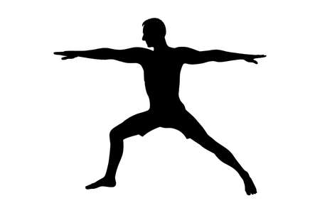 Yoga warrior asana or virabhadrasana I. Man silhouette practicing yoga asana. Vector illustration isolated on white backgroundのイラスト素材