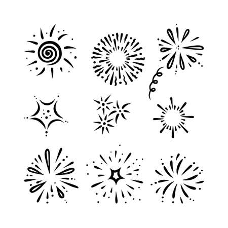 Doodle firework set. Shiny foreworks for parties and celebrations. Vector illustration isolated in white backgroundのイラスト素材