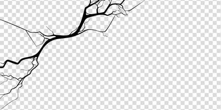 Crack on concrete or ground due to aging or drought. Fissure isolated in transparent background. Monochrome vector illustrationのイラスト素材