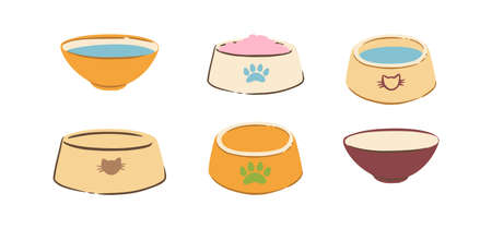 Pet bowl with food and water. Bowl for cat or dog for kibbles and water. Vector illustration in cute cartoon styleのイラスト素材