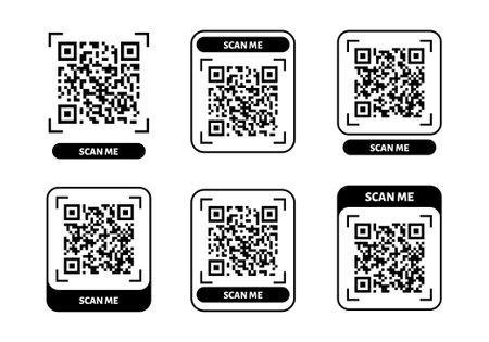 Scan me QR code design. QR code for payment, text transfer with scan me button. Vector illustration isolated in white backgroundのイラスト素材