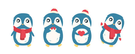 Penguin in red mittens and hat. Cute Christmas penguin character. Vector illustration isolated in white backgroundのイラスト素材