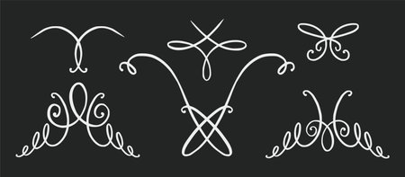 Flourish ornament as monogram or divider for wedding invitations and other designs. Handdrawn flourish isolated in black background. Doodle vector illustrationのイラスト素材