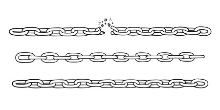 Broken chain with shatters as symbol of strength and freedom. Sketch of metal chains. Vector illustration isolated in white backgroundのイラスト素材