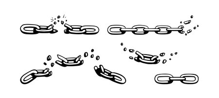 Broken chain with shatters as symbol of strength and freedom. Sketch of metal chains. Vector...