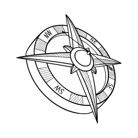 Sketch of compass for pirate adventures. Compass in doodle style. Vector illustration isolated in white backgroundのイラスト素材