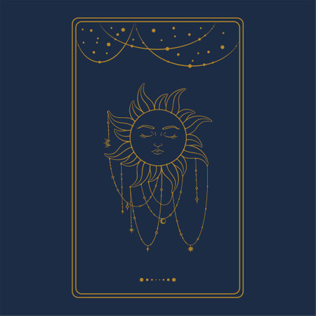 Tarot aesthetic golden card with sun symbol. Occult tarot design for oracle card covers. Vector illustration isolated in blue backgroundのイラスト素材