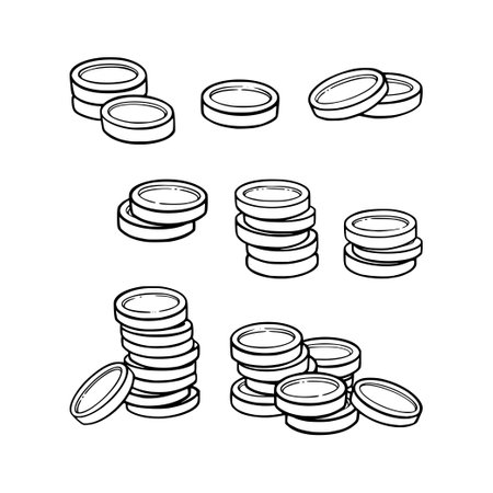 Coins pile as a symbol of wealth and luxary. Set coins stacks. Vector illustration isolated in white backgroundのイラスト素材