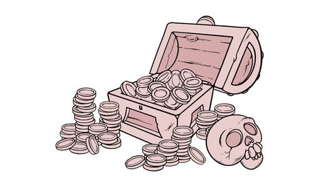 Open treasure chest with golden coins and skull. Wooden chest with money for games. Vector illustration isolated in white backgroundのイラスト素材