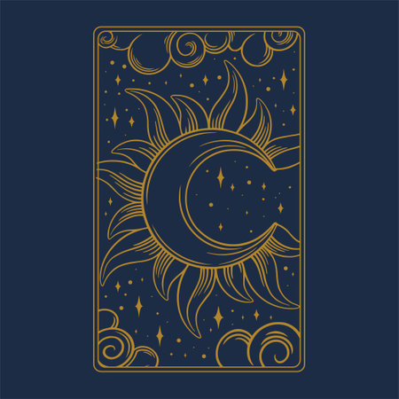 Tarot aesthetic golden card. Bohemian tarot design for oracle card covers. Vector illustration isolated in blue backgroundのイラスト素材