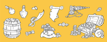 Pirate set with treasure chest, map, skull, rum burrel, sack with coins and other pirate belongings. Sketch vector illustration isolated on yellow backgroundのイラスト素材