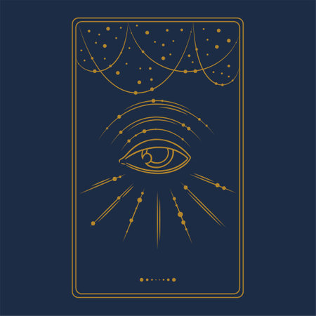 Tarot aesthetic golden card with the third eye. Engraved tarot design for oracle card covers. Vector illustration isolated in blue backgroundのイラスト素材
