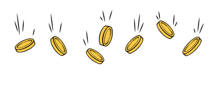 Gold coin rain. Falling golden coins growing economic wealth. Vector illustration isolated in white backgroundのイラスト素材
