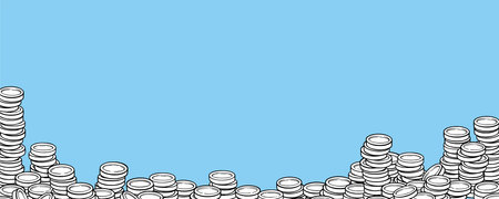 Coin pile frame or banner. Jackpot gold or silver currency. Vector illustration isolated in blue backgroundのイラスト素材