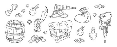 Pirate items set. Treasure chest, rum burrel, sack with coins and other pirate belongings. Sketch vector illustration isolated on white backgroundのイラスト素材