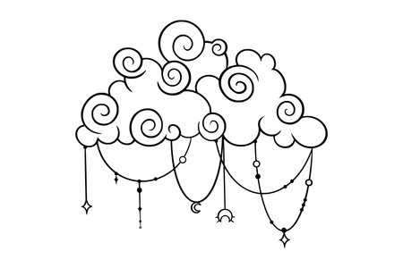 Tarot cloud sketch. Curly cloud with lunar and star pendants. Vector illustration isolated in white backgroundのイラスト素材