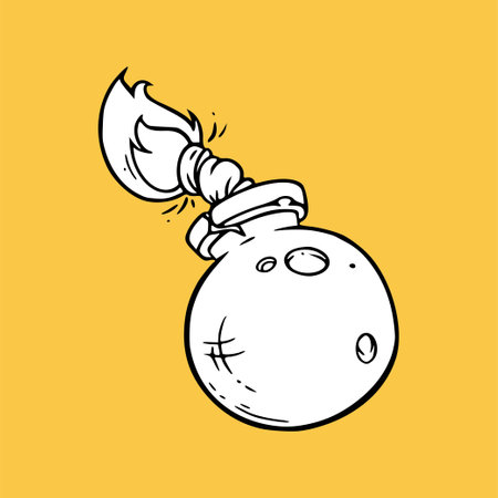 Cartoon cannon bomb exploading. Sketch pirate bomb for games. Vector illustration isolated on yellow backroundのイラスト素材