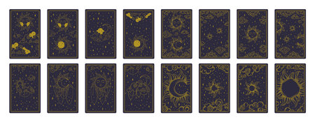 Tarot aesthetic golden card set. Heavenly tarot designs for oracle card covers. Vector illustration isolated in blue backgroundのイラスト素材