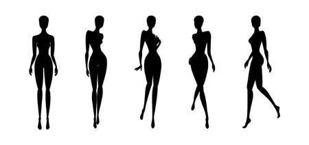 Woman silhouettes fashion collection. Female mockups for fashion designs. Vector illustration isolated in white backgroundのイラスト素材