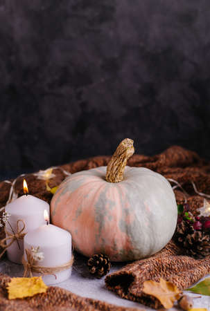 Autumn composition. Pumpkins, candles and knitter sweater.の写真素材