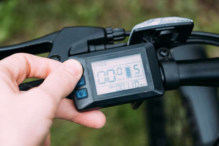 Electric bicycle. Bicycle steering wheel and gear shifting.の写真素材
