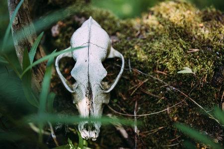 Old dog skull and in the enchanted forest. Dark, mysterious atmosphere.の写真素材