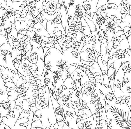 Heart among flowers. Folk seamless pattern for design prints or coloring book.のイラスト素材