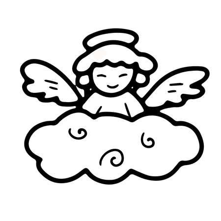 Little angel with wings and a halo on a cloud in doodle styleのイラスト素材