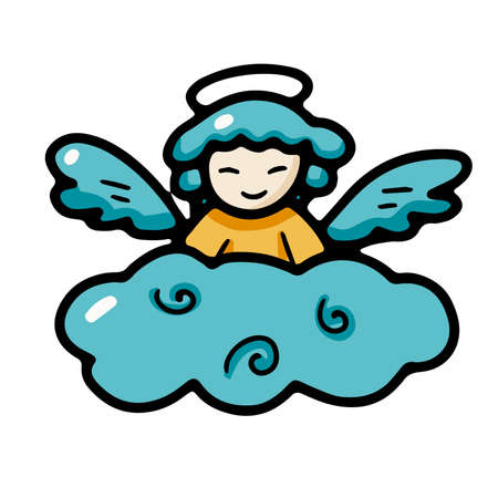 Little angel with wings and a halo on a cloud in doodle styleのイラスト素材