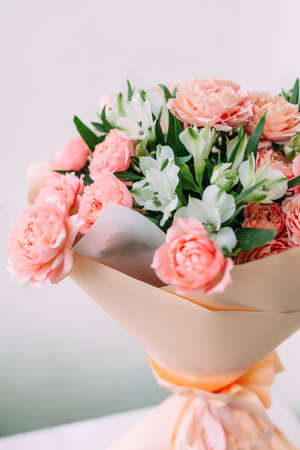 Luxurious bouquet of fresh pastel pale pink rosesの写真素材