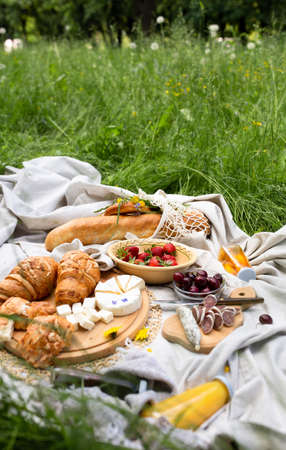 Picnic in the field with berries, juice, cheese, sausage and sweet croissantsの写真素材