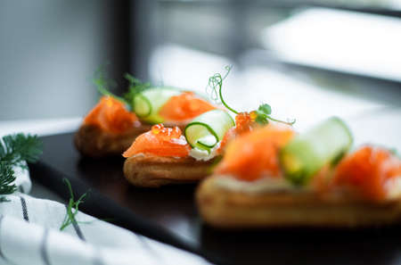 Eclairs with salmon, fresh vegetables and herbs, gourmet snacks.の写真素材