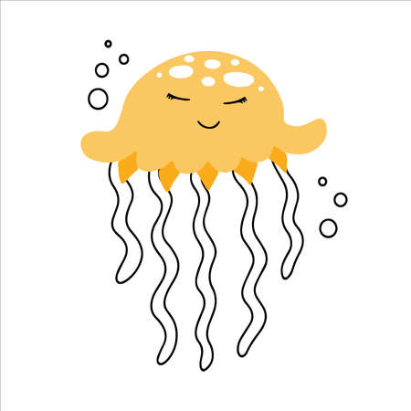 Cute smiling jellyfish with baby face icon hand drawn in doodle styleのイラスト素材