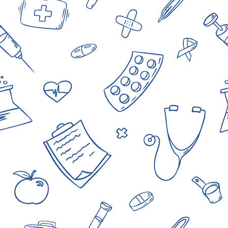 Hand drawn seamless pattern of daily necessities. Medical and health care items.のイラスト素材