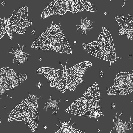 Seamless pattern of vector night butterflies and spiders. Vector illustrationのイラスト素材