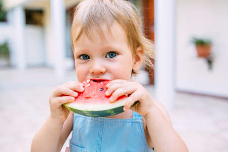 Little cute cheerful girl eating a slice of watermelon close up.の写真素材