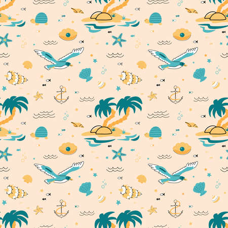 Cute seamless pattern nautical theme. Ocean and sea life background for childrenのイラスト素材