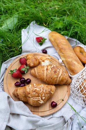 Picnic in the field with berries, juice, cheese, sausage and sweet croissantsの写真素材
