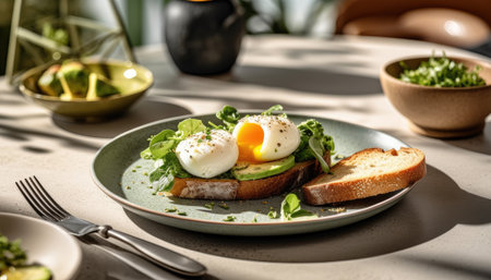 Healthy breakfast with avocado egg and toast on a large plateの素材