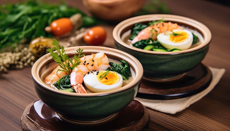 Asian poke bowl with egg and seafood on the table two servings.の素材