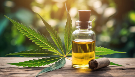Medical cannabis cbd oil in glass bottle and leafsの素材