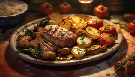 Juicy fried pork meat with vegetables on a large plate, close upの素材