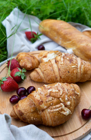 Picnic in the field with berries, juice, cheese, sausage and sweet croissantsの写真素材