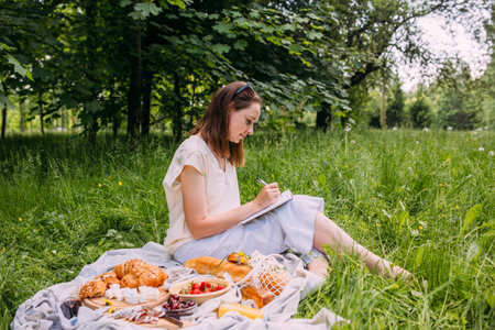 Beautiful woman on picnic. She smiles, eats strawberries and enjoys summer.の写真素材