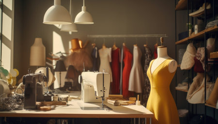 Sewing production interior. Atmospheric atelier, clothing creation.の素材