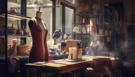 Sewing production interior. Atmospheric atelier, clothing creation.の素材